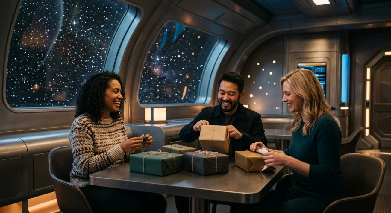 Drei Personen öffnen eingepackte Geschenke an einem Tisch in einem futuristischen Raumschiff mit Blick auf Sterne.