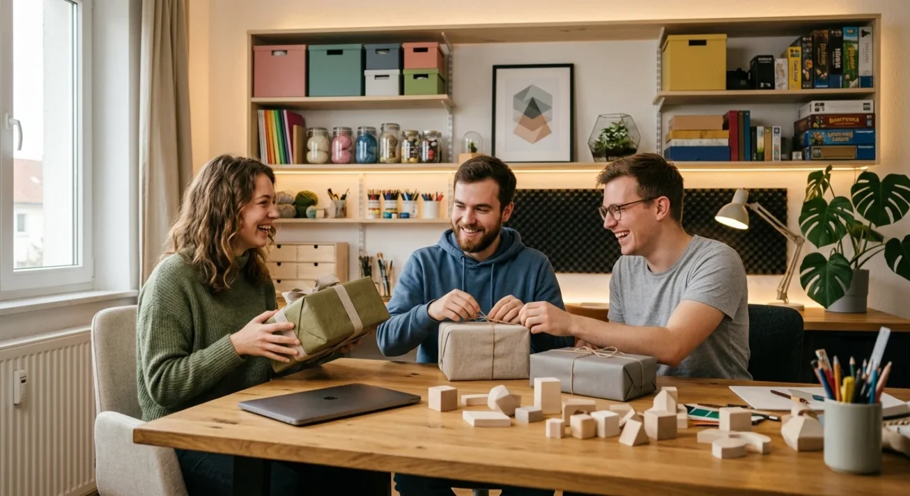 Drei junge Erwachsene verpacken Geschenke an einem Holztisch in einem gemütlichen Arbeitszimmer