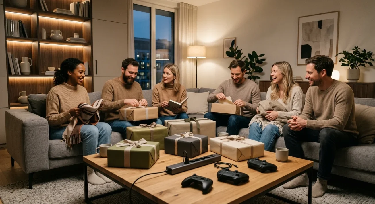 Freunde im Wohnzimmer öffnen Geschenke, auf dem Couchtisch liegen verpackte Päckchen und Spielcontroller