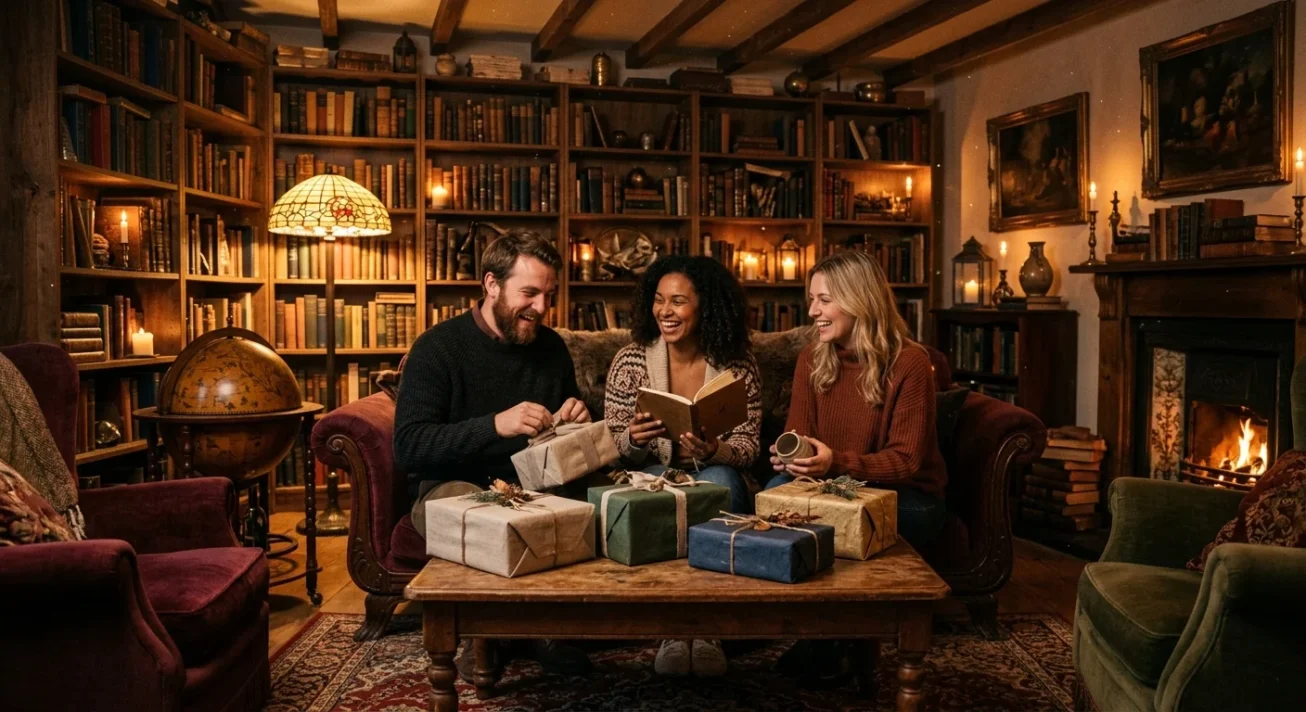 Drei Freunde öffnen Geschenke in gemütlicher Bibliothek, mit Kaminfeuer, Bücherregalen und Päckchen auf dem Holztisch.