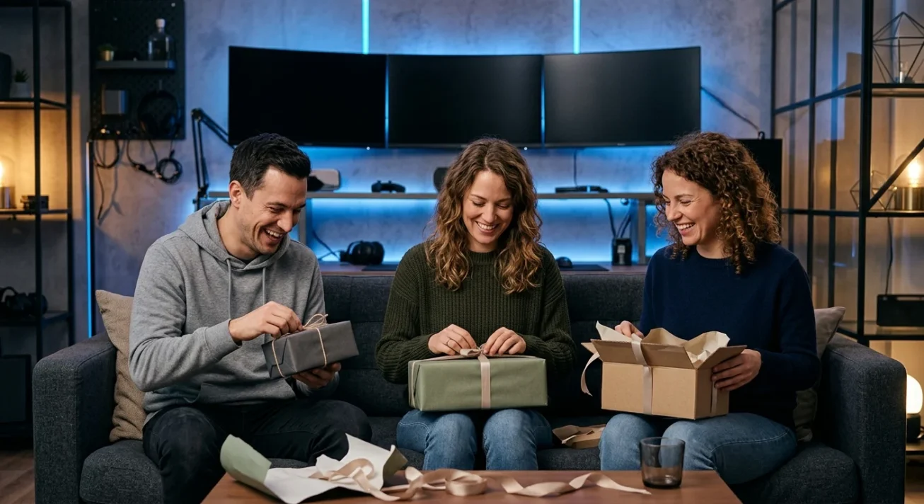 Drei Freunde auf dem Sofa öffnen Geschenke in einem Wohnzimmer mit Gaming-Setup aus Monitoren und Controllern